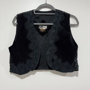 Mona Mode Women's Genuine Leather Vest Open Front Lace Trim Rodeo Black Medium